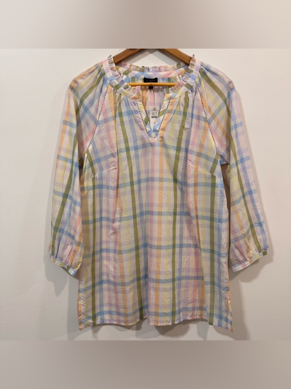 Talbots NWT Ruffle Pastel Plaid Cotton Summer Spring Peasant Tunic Top Size M